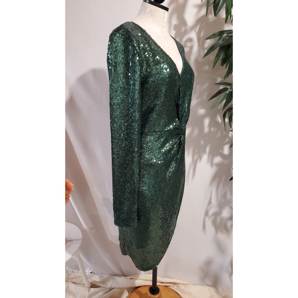 Guess Sequin Faux Wrap Twist V-Neck Long Sleeve Bodycon Dress Sz 8 Emerald Green - Picture 4 of 12